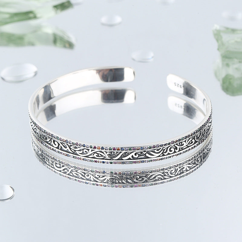 Bracciale in argento sterling S925 con motivo retrò Tang Grass Rattan intagliato