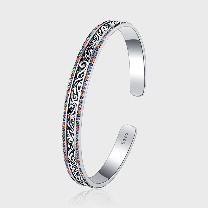 Bracciale in argento sterling S925 con motivo retrò Tang Grass Rattan intagliato
