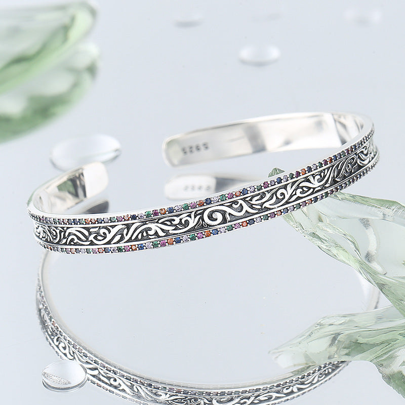 Bracciale in argento sterling S925 con motivo retrò Tang Grass Rattan intagliato