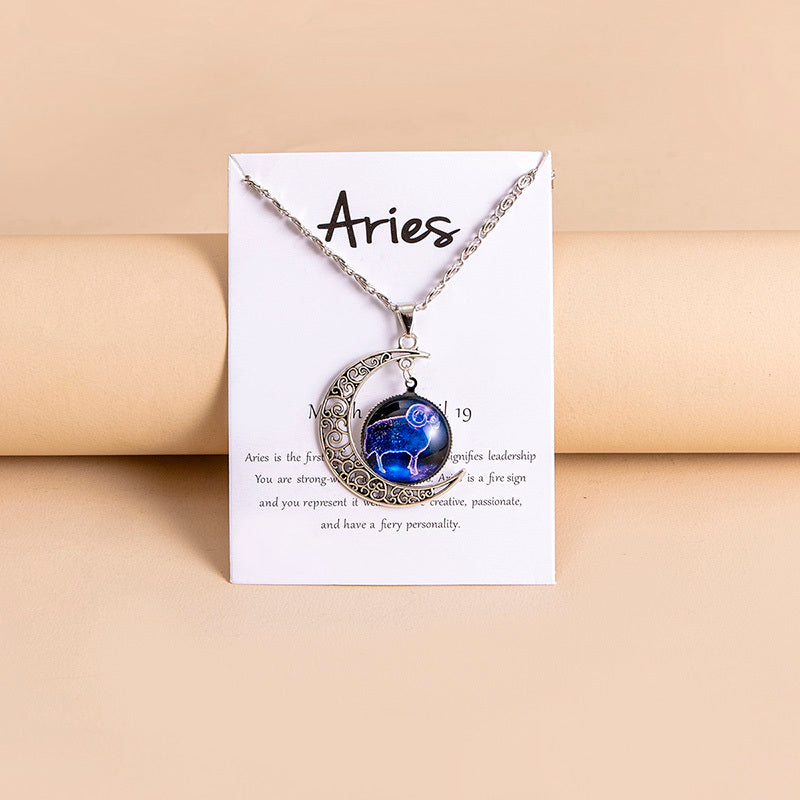 Collana Donna con Ciondolo Luna e 12 Charms Zodiaco in Vetro