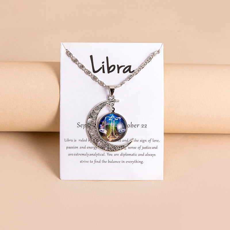 Collana Donna con Ciondolo Luna e 12 Charms Zodiaco in Vetro