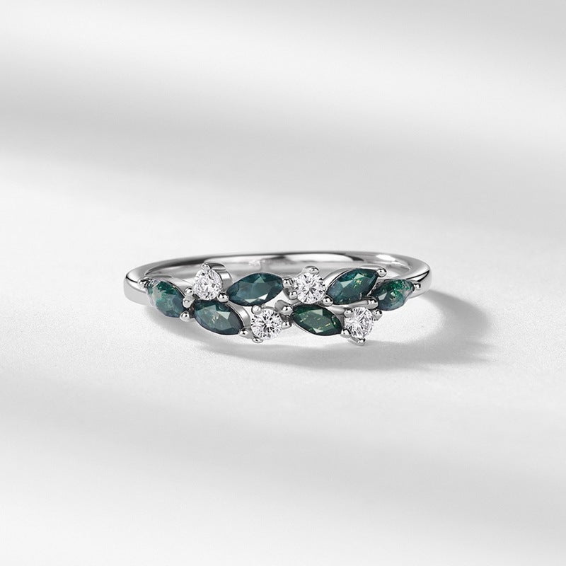 Anello Geometrico con Foglia e Pietra Verde Muschio Argento 925