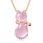 Collana in Oro Rosa Placcato con Quarzo Rosa Naturale e Cristallo Rosa a Forma di Gatto
