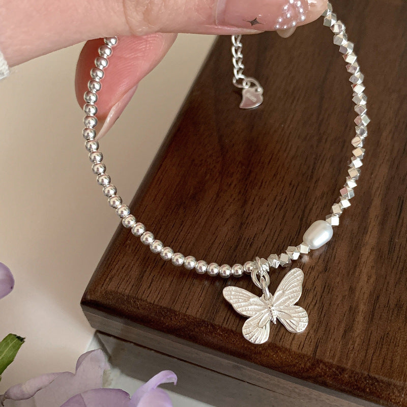 Bracciale da Donna in Argento Sterling S925 con Farfalla, Perle e Argento