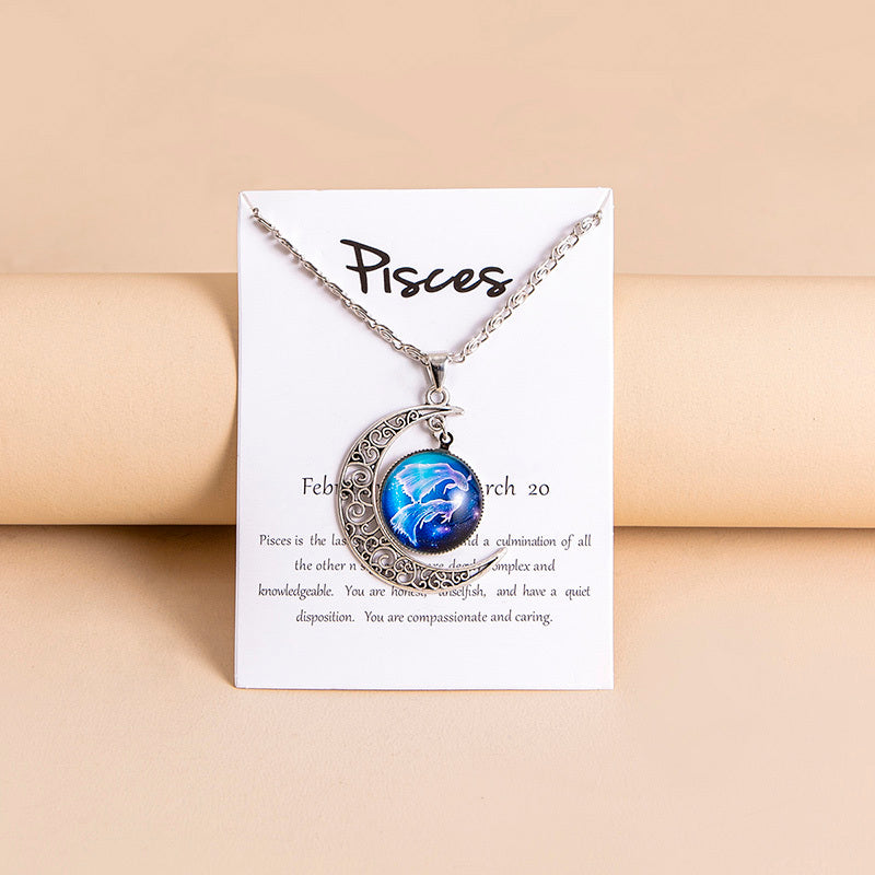 Collana Donna con Ciondolo Luna e 12 Charms Zodiaco in Vetro