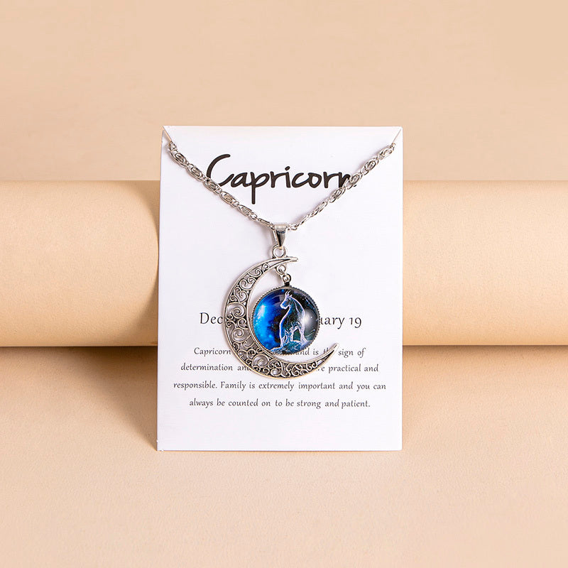 Collana Donna con Ciondolo Luna e 12 Charms Zodiaco in Vetro