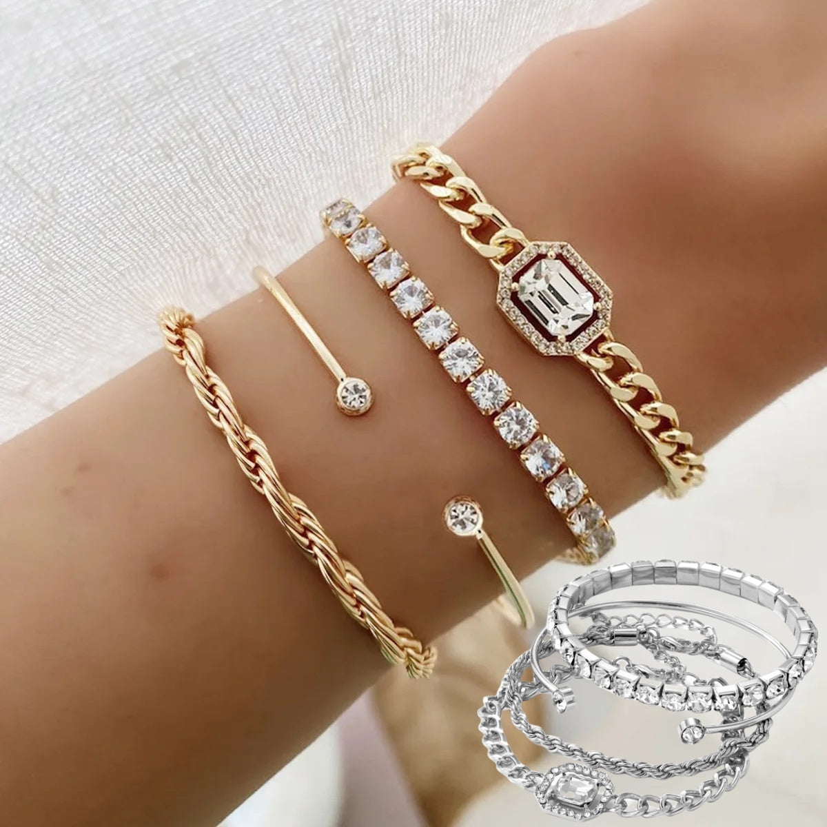 Set di 4 Braccialetti con Cristalli in Stile Boho per Donna