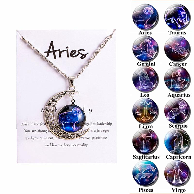 Collana Donna con Ciondolo Luna e 12 Charms Zodiaco in Vetro
