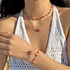 Collana, Bracciale e Cavigliera con Ciondolo a Ciliegia Rossa