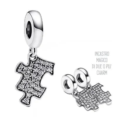 Einfacher und doppelter Puzzle-Charm aus S925-Silber mit Zirkonen, GioielliPerfetti.it. Symbol der Vereinigung für das Red Thread-Armband.