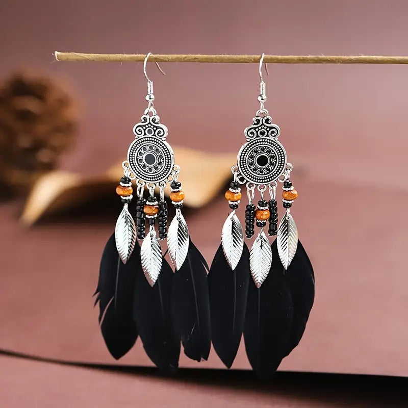 Orecchini Pendenti Boho Piume - Eleganza Etnica Artigianale PARNIN Earrings km5m85-r3.myshopify.com