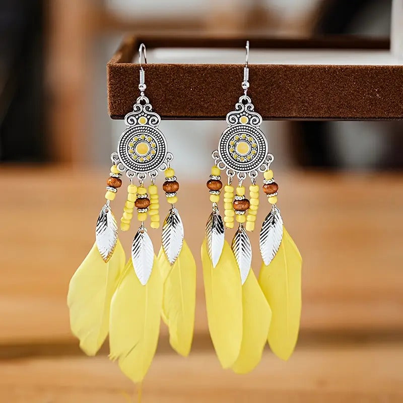 Orecchini Pendenti Boho Piume - Eleganza Etnica Artigianale PARNIN Earrings km5m85-r3.myshopify.com