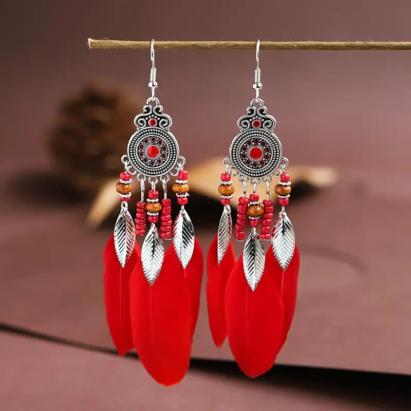 Orecchini Pendenti Boho Piume - Eleganza Etnica Artigianale PARNIN Earrings km5m85-r3.myshopify.com