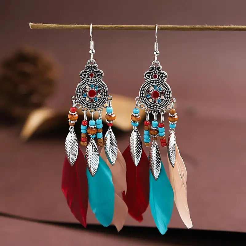 Orecchini Pendenti Boho Piume - Eleganza Etnica Artigianale PARNIN Earrings km5m85-r3.myshopify.com
