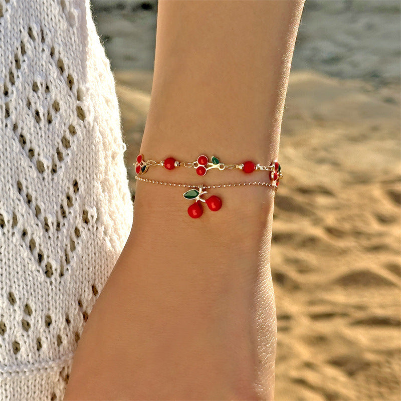 Collana, Bracciale e Cavigliera con Ciondolo a Ciliegia Rossa