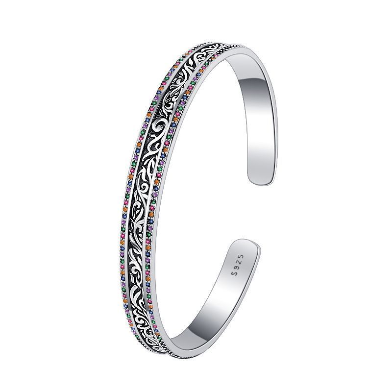 Bracciale in argento sterling S925 con motivo retrò Tang Grass Rattan intagliato