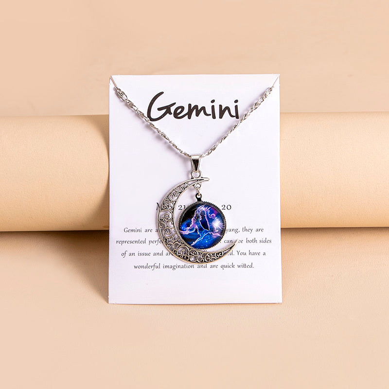 Collana Donna con Ciondolo Luna e 12 Charms Zodiaco in Vetro