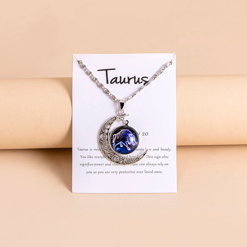 Collana Donna con Ciondolo Luna e 12 Charms Zodiaco in Vetro