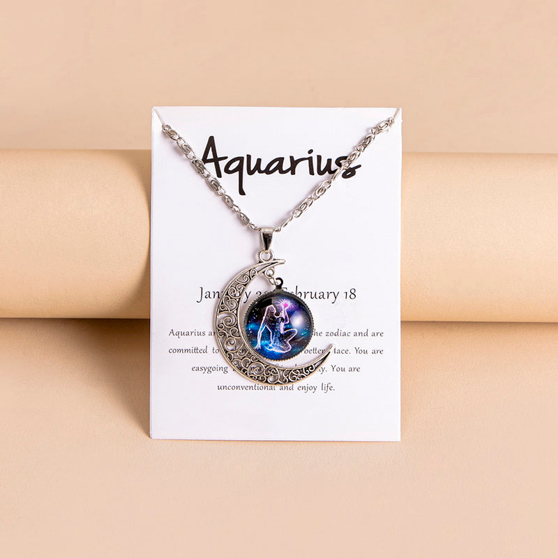 Collana Donna con Ciondolo Luna e 12 Charms Zodiaco in Vetro