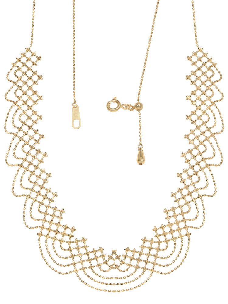 Collana in legno con nappe in oro 18 carati e pizzo arcobaleno intrecciato