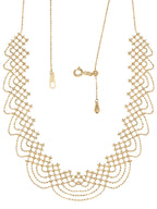 Collana in legno con nappe in oro 18 carati e pizzo arcobaleno intrecciato