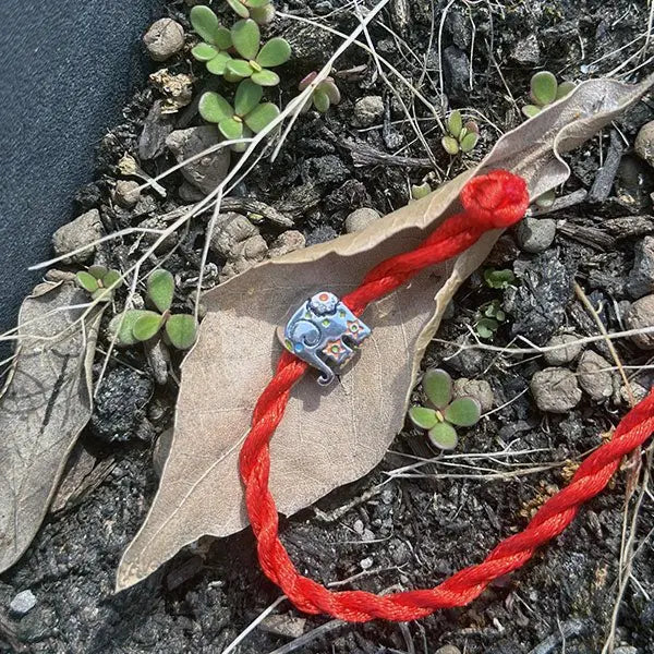 Charm Ganesh elefante in argento S925 decorato con smalto colorato su filo rosso intrecciato, adagiato su una foglia secca