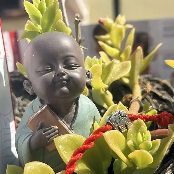 Charm Ganesh in argento S925 su filo rosso, vicino a statuetta monaco e piante grasse