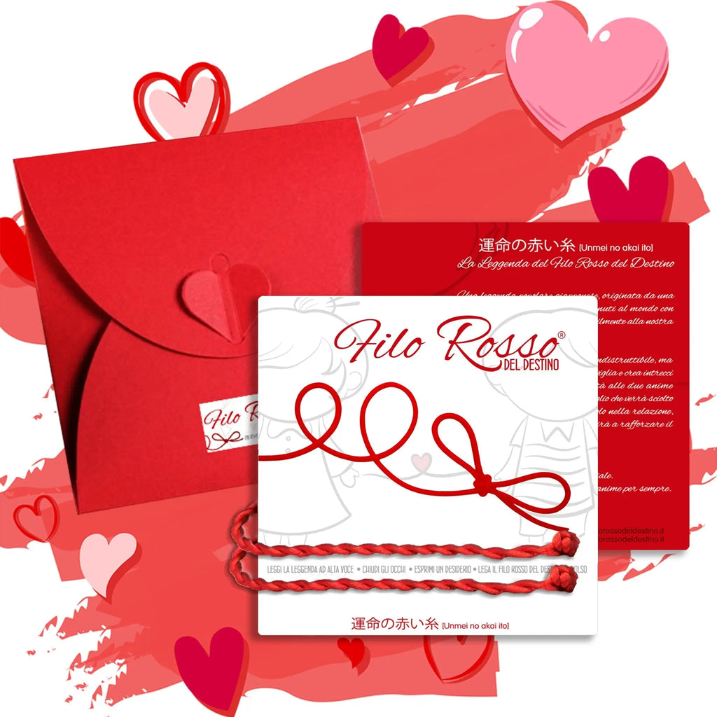 Confezione regalo con busta rossa, biglietto leggenda e bracciale Filo Rosso del Destino, cuori rosa e rossi