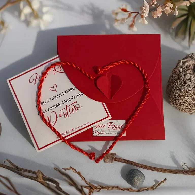Bracciale Filo Rosso del Destino a forma di cuore su busta rossa, con biglietto e decorazioni naturali. Un gioiello artigianale che simboleggia protezione e legame autentico.