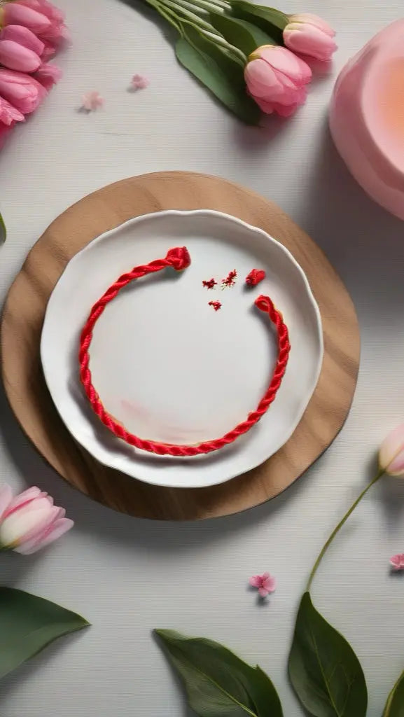 Bracciale Filo Rosso del Destino artigianale su piatto bianco, petali e tulipani rosa. Gioiello stile raffinato.