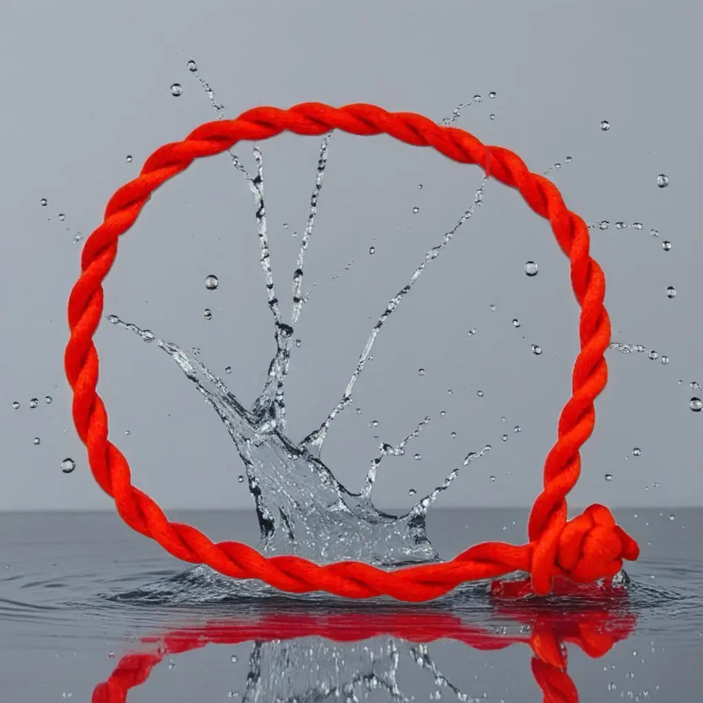 Bracciale Filo Rosso del Destino a cerchio con nodo, tra schizzi e riflessi d'acqua. Simbolo di legame, protezione e stile.