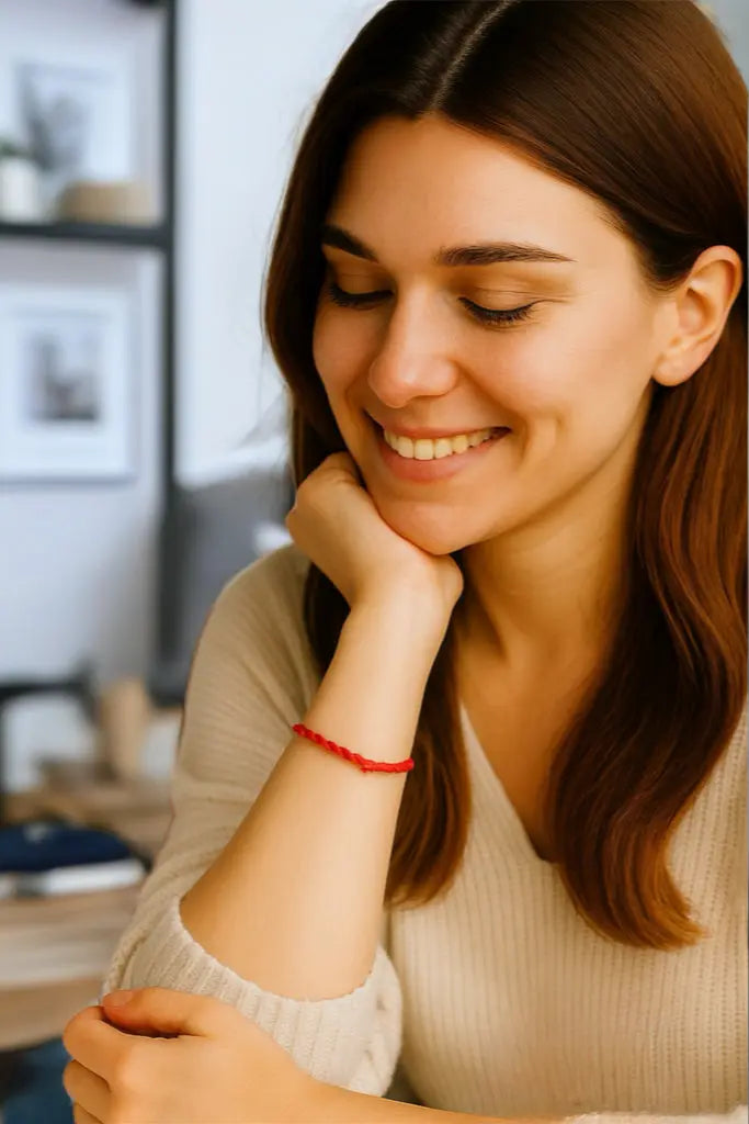 Donna sorridente che indossa il bracciale Filo Rosso del Destino, un gioiello artigianale dallo stile raffinato.