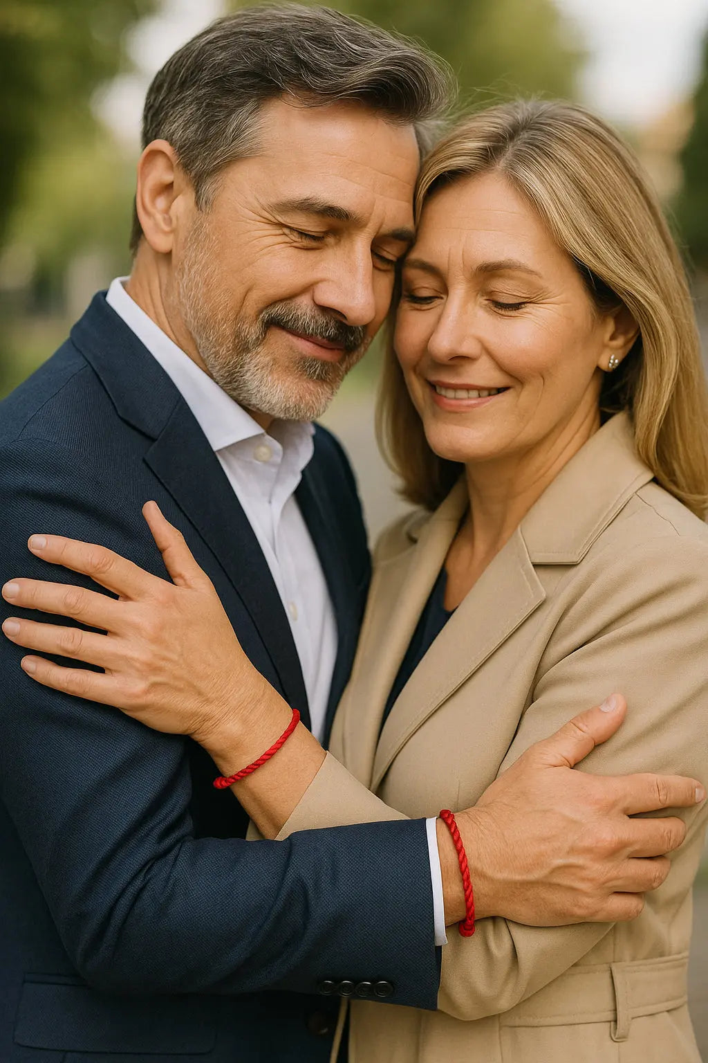 Coppia serena che indossa bracciali Filo Rosso del Destino, simbolo di legame autentico e protezione. Stile raffinato.