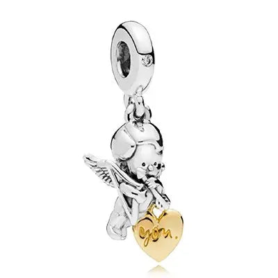Charm Cupido in argento S925 con ali e arco, cuore dorato "you", perfetto per Filo Rosso.