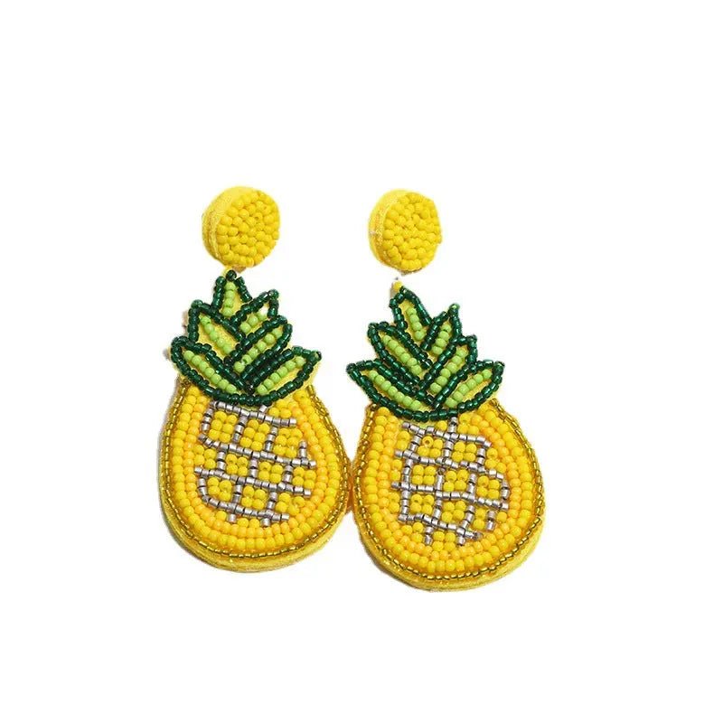 Orecchini artigianali a goccia con perline gialle a forma di ananas e foglie verdi, gioielli frutta pendenti