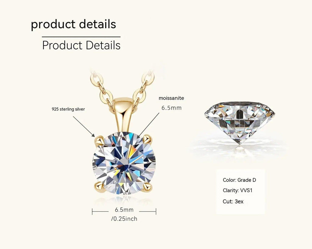 Collana placcata oro 18K con ciondolo moissanite da 6.5mm, argento 925. Dettagli moissanite, taglio 3ex, colore D.