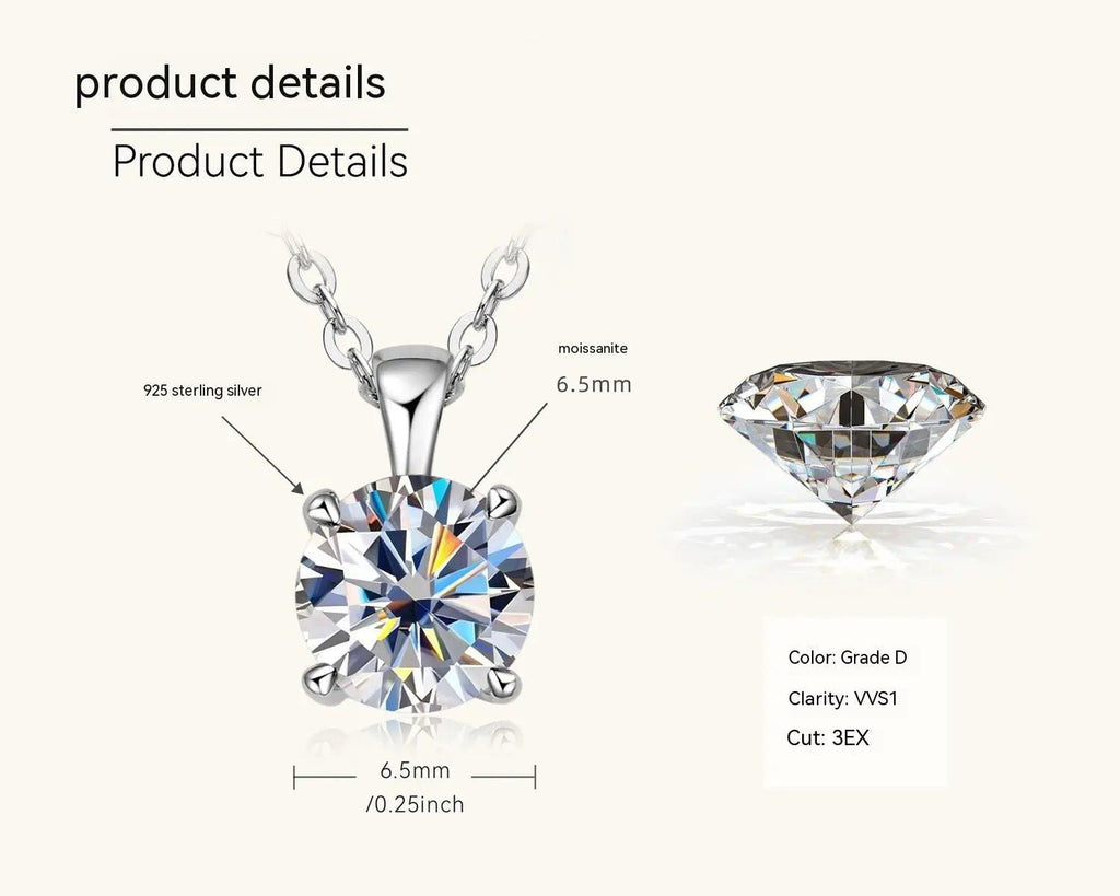 Collana Eleganza Eterna con pendente moissanite 6.5mm, argento 925 placcato oro 18K. Dettagli tecnici come colore D, purezza VVS1 e taglio 3EX.