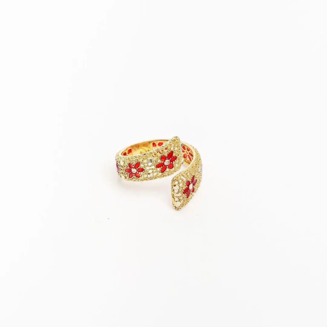 Anello regolabile Drama Baby, argento 925 placcato oro 18k, smaltato a mano con fiori rossi e perle bianche.