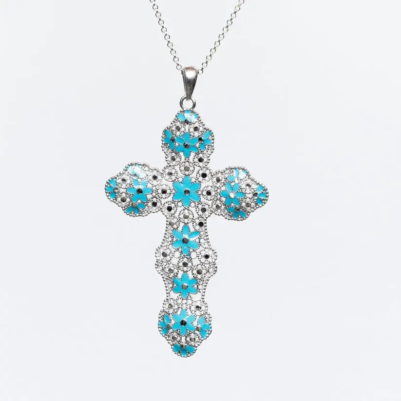 Collana MINA MINA Croce Argento 925 con pendente artigianale, decori turchesi e neri su sfondo bianco. Eleganza Italiana.