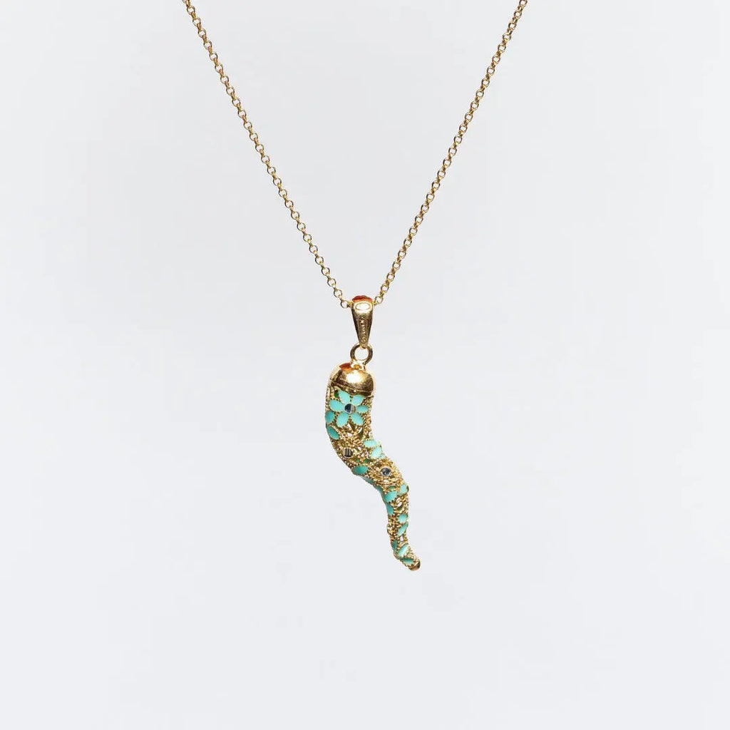 Collana MINA MINA con cornetto portafortuna in argento 925 placcato oro 18k e smalto turchese, dettagli dorati