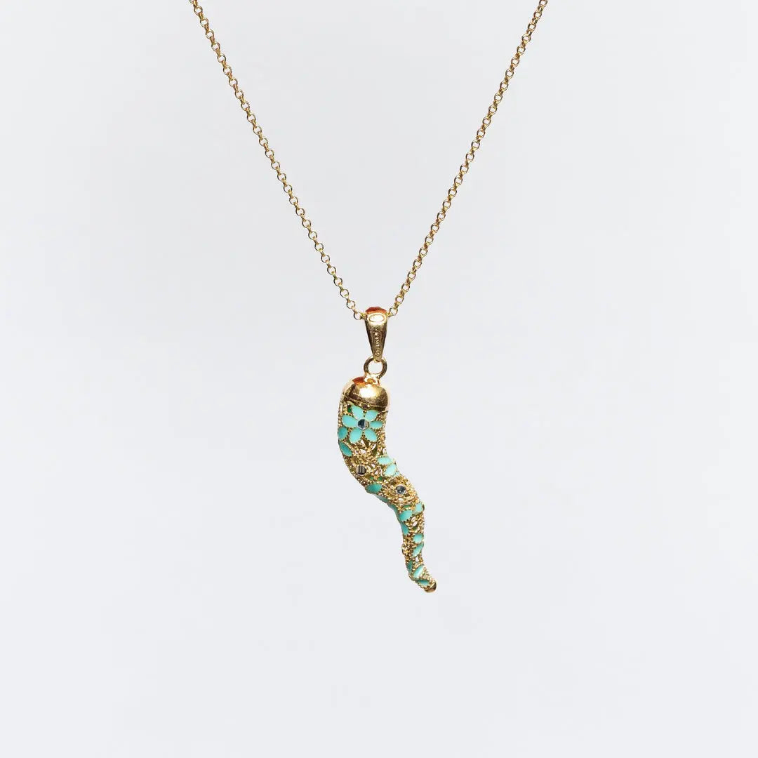 Collana MINA MINA con cornetto portafortuna in argento 925 placcato oro 18k e smalto turchese, dettagli dorati