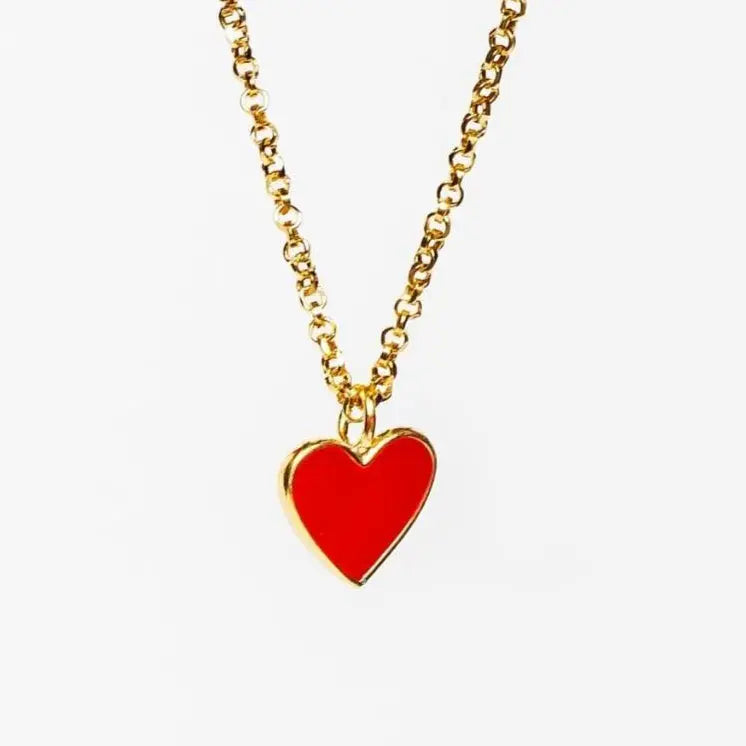 Collana MINA MINA in argento 925 placcato oro 18k con ciondolo a cuore smaltato rosso, artigianato italiano.