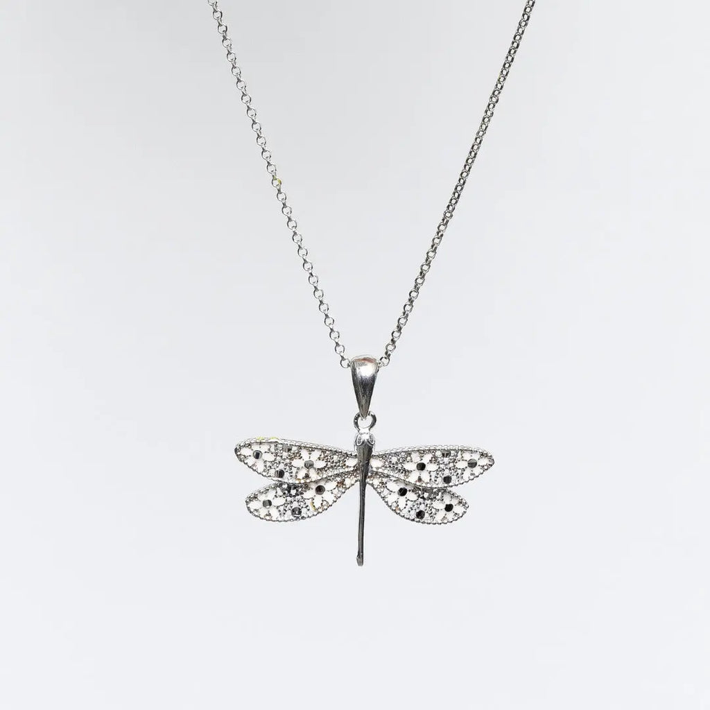 Collana MINA MINA "Gold Rush" in argento 925 rodiato con pendente libellula impreziosita da zirconi bianchi e neri.