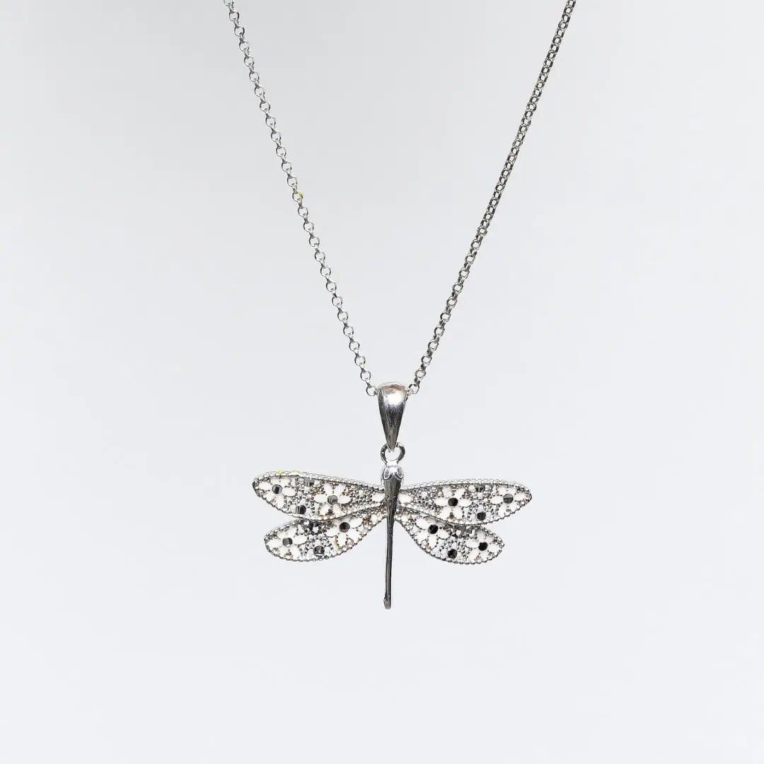 Collana MINA MINA "Gold Rush" in argento 925 rodiato con pendente libellula impreziosita da zirconi bianchi e neri.
