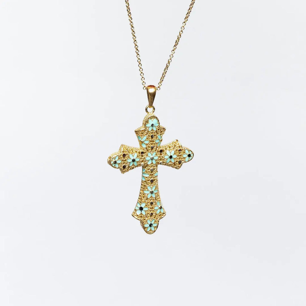 Collana croce media MINA MINA in argento 925 placcato oro 18k con filigrana, smalto celeste e nero