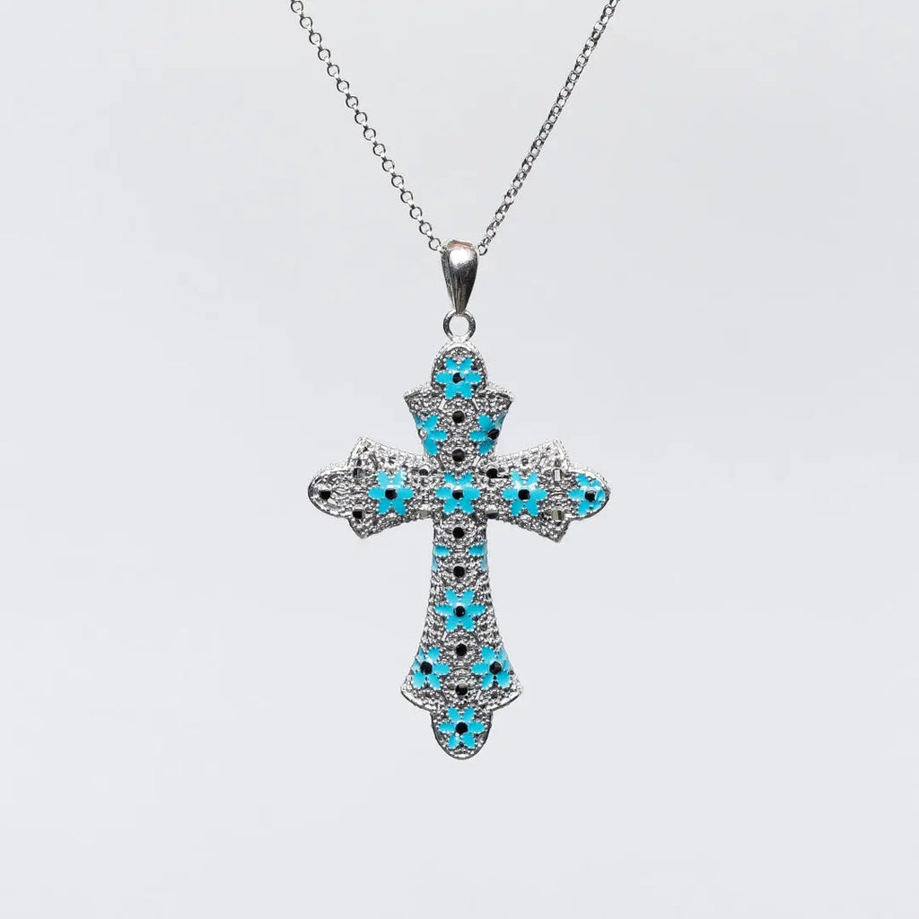 Collana MINA MINA croce media in Argento 925 rodiato, con smalto turchese e punti neri su sfondo bianco