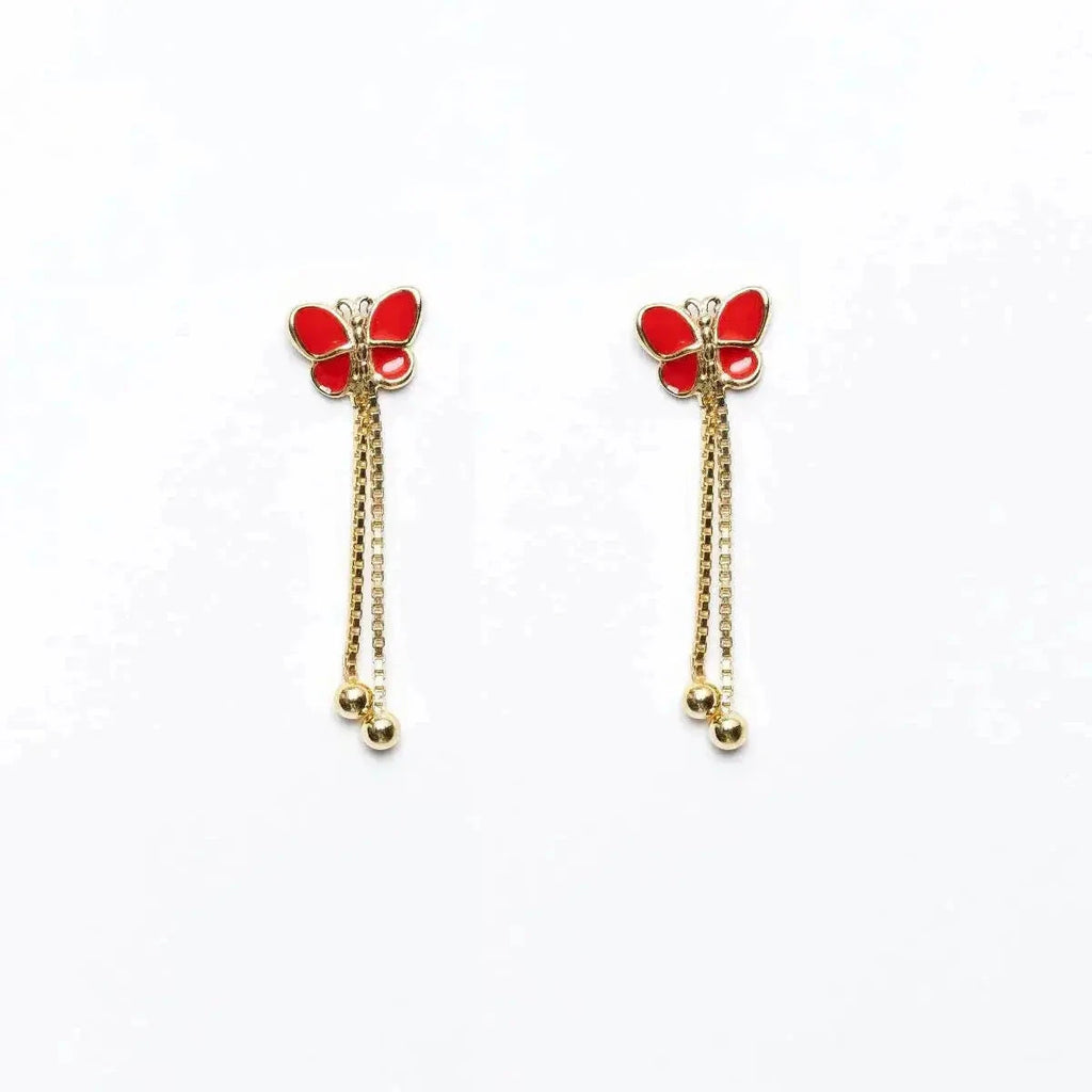 Orecchini pendenti MINA MINA con mini farfalle rosse smaltate, argento 925 placcato oro 18k e catene con sfere