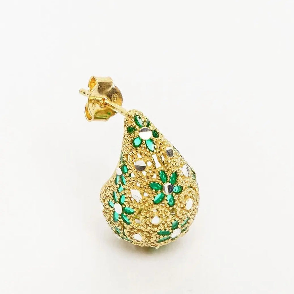 Orecchino Glow Drop singolo, placcato oro 18k, con dettagli floreali verdi e argentati, chiusura a perno
