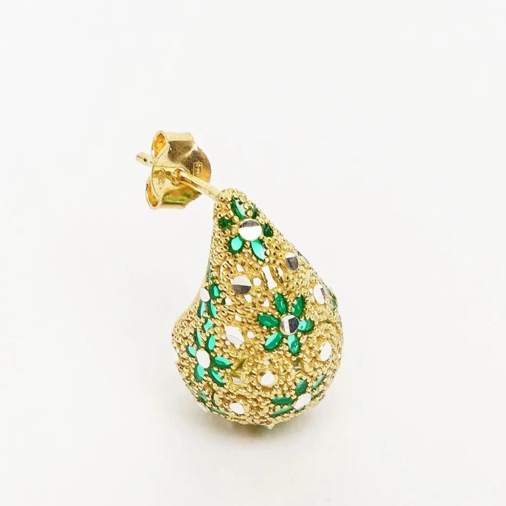 Orecchino Glow Drop singolo, placcato oro 18k, con dettagli floreali verdi e argentati, chiusura a perno
