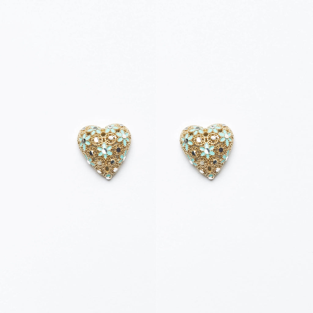 Coppia di orecchini a cuore Mini Drama MINA MINA, argento 925 placcato oro 18k, smalto azzurro e dettagli specchiati.